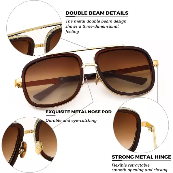FEISEDY Retro Trendy Aviator Sunglasses Women Men Classic Vintage Square Sunglasses 70s Large Metal Shades B2321004 Gold FrameGradient Brown Lens
