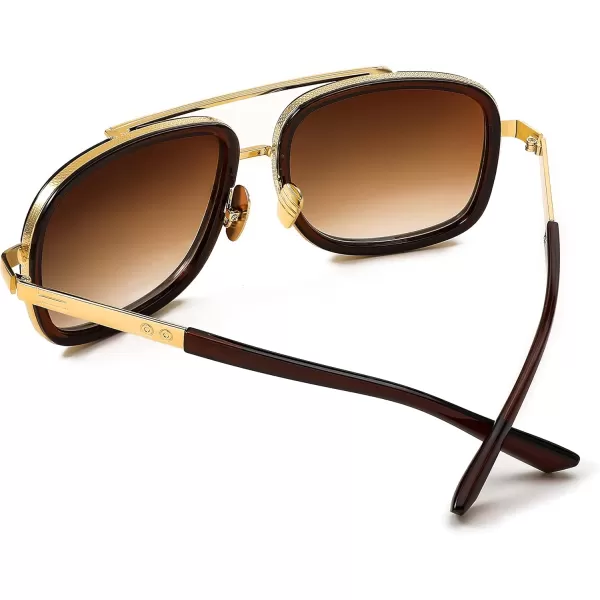 FEISEDY Retro Trendy Aviator Sunglasses Women Men Classic Vintage Square Sunglasses 70s Large Metal Shades B2321004 Gold FrameGradient Brown Lens
