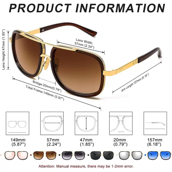 FEISEDY Retro Trendy Aviator Sunglasses Women Men Classic Vintage Square Sunglasses 70s Large Metal Shades B2321004 Gold FrameGradient Brown Lens