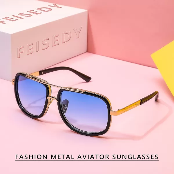 FEISEDY Retro Trendy Aviator Sunglasses Women Men Classic Vintage Square Sunglasses 70s Large Metal Shades B2321005 Gold FrameGradient Blue Lens