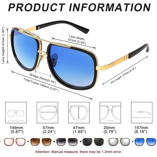 FEISEDY Retro Trendy Aviator Sunglasses Women Men Classic Vintage Square Sunglasses 70s Large Metal Shades B2321005 Gold FrameGradient Blue Lens