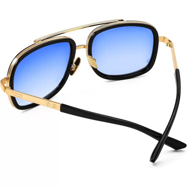 FEISEDY Retro Trendy Aviator Sunglasses Women Men Classic Vintage Square Sunglasses 70s Large Metal Shades B2321005 Gold FrameGradient Blue Lens