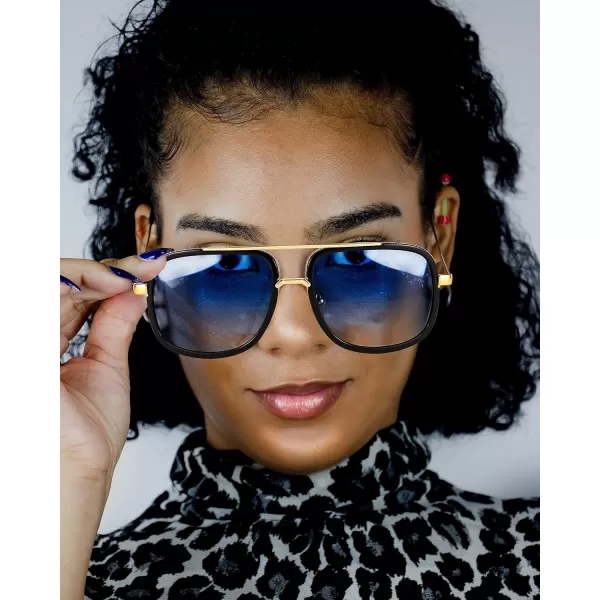 FEISEDY Retro Trendy Aviator Sunglasses Women Men Classic Vintage Square Sunglasses 70s Large Metal Shades B2321005 Gold FrameGradient Blue Lens