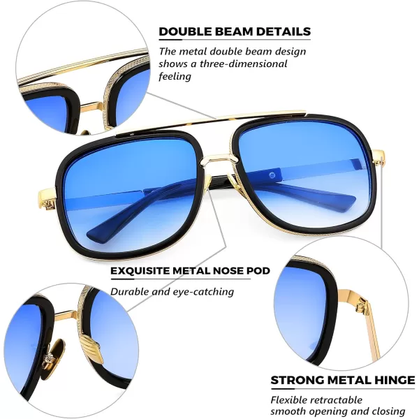 FEISEDY Retro Trendy Aviator Sunglasses Women Men Classic Vintage Square Sunglasses 70s Large Metal Shades B2321005 Gold FrameGradient Blue Lens