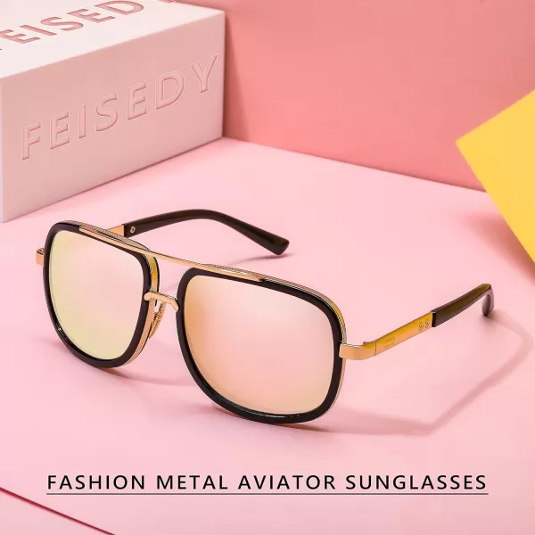 FEISEDY Retro Trendy Aviator Sunglasses Women Men Classic Vintage Square Sunglasses 70s Large Metal Shades B2321006 Gold FramePink Mirrored Lens