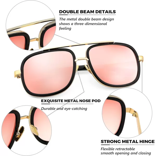 FEISEDY Retro Trendy Aviator Sunglasses Women Men Classic Vintage Square Sunglasses 70s Large Metal Shades B2321006 Gold FramePink Mirrored Lens