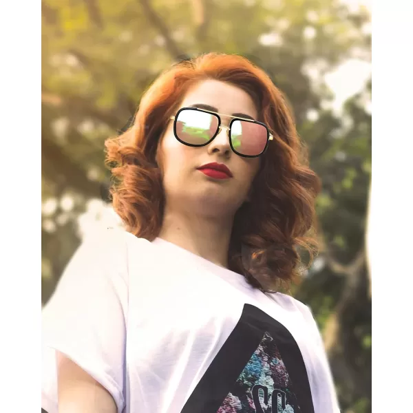 FEISEDY Retro Trendy Aviator Sunglasses Women Men Classic Vintage Square Sunglasses 70s Large Metal Shades B2321006 Gold FramePink Mirrored Lens