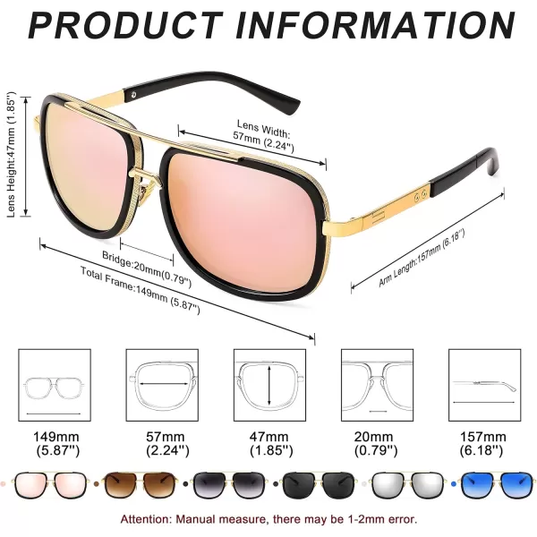 FEISEDY Retro Trendy Aviator Sunglasses Women Men Classic Vintage Square Sunglasses 70s Large Metal Shades B2321006 Gold FramePink Mirrored Lens