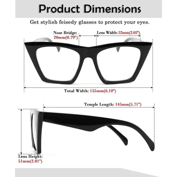 FEISEDY Square Cat Eye Reading Glasses Blue Light Blocking Women Fashion Cateye Reader Anti Glare Digital Eyestrain B2604Black