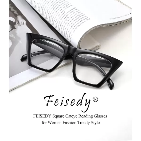 FEISEDY Square Cat Eye Reading Glasses Blue Light Blocking Women Fashion Cateye Reader Anti Glare Digital Eyestrain B2604Black