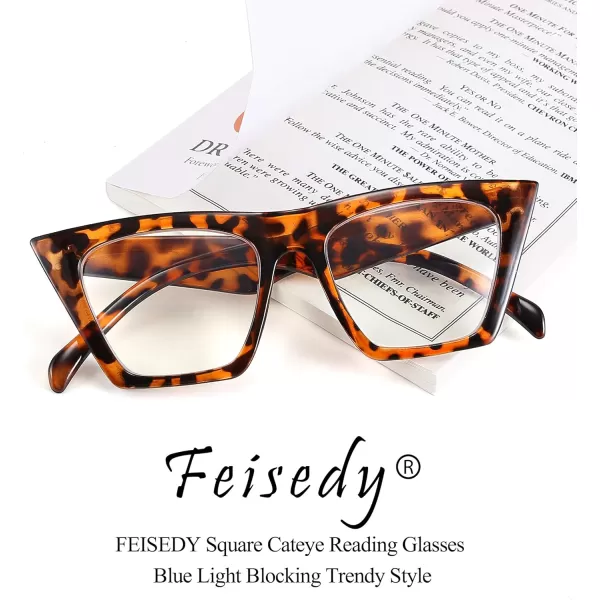 FEISEDY Square Cat Eye Reading Glasses Blue Light Blocking Women Fashion Cateye Reader Anti Glare Digital Eyestrain B2604Leopard