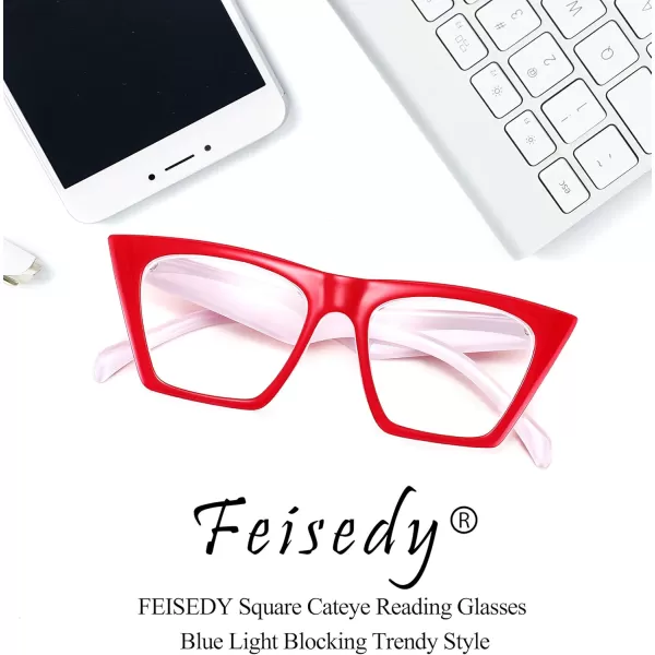FEISEDY Square Cat Eye Reading Glasses Blue Light Blocking Women Fashion Cateye Reader Anti Glare Digital Eyestrain B2604Red