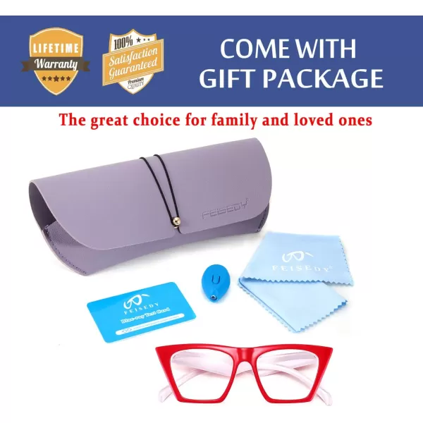 FEISEDY Square Cat Eye Reading Glasses Blue Light Blocking Women Fashion Cateye Reader Anti Glare Digital Eyestrain B2604Red