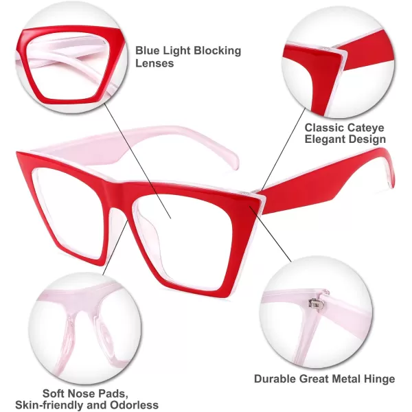 FEISEDY Square Cat Eye Reading Glasses Blue Light Blocking Women Fashion Cateye Reader Anti Glare Digital Eyestrain B2604Red