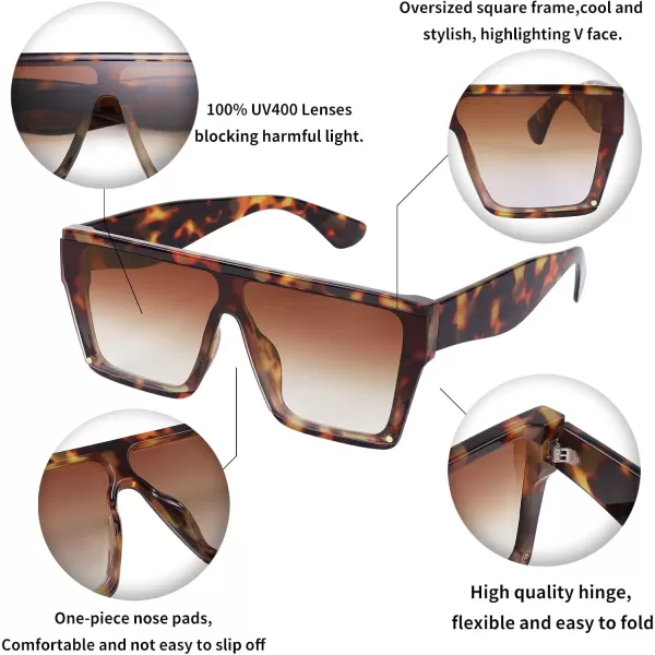 FEISEDY Square Oversized Sunglasses Women Men Trendy Thick Frame Flat Top Shield Rimless Shades B2798003 Leopard Frame Tea Gradient Lens