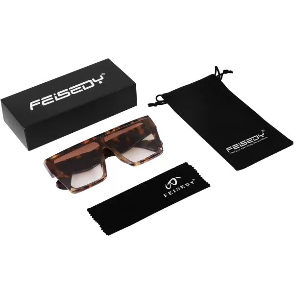 FEISEDY Square Oversized Sunglasses Women Men Trendy Thick Frame Flat Top Shield Rimless Shades B2798003 Leopard Frame Tea Gradient Lens