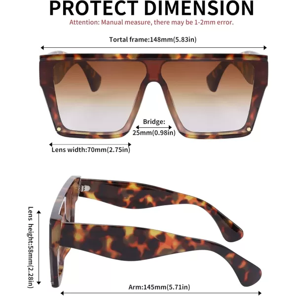 FEISEDY Square Oversized Sunglasses Women Men Trendy Thick Frame Flat Top Shield Rimless Shades B2798003 Leopard Frame Tea Gradient Lens