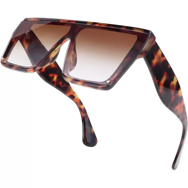 FEISEDY Square Oversized Sunglasses Women Men Trendy Thick Frame Flat Top Shield Rimless Shades B2798003 Leopard Frame Tea Gradient Lens