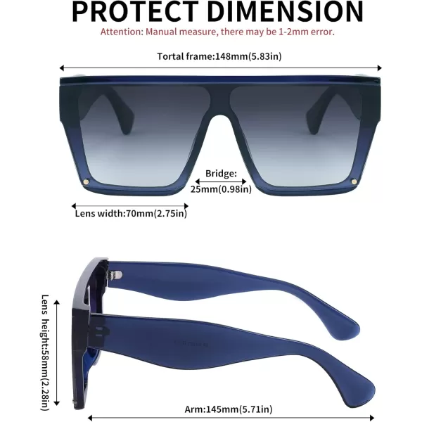 FEISEDY Square Oversized Sunglasses Women Men Trendy Thick Frame Flat Top Shield Rimless Shades B2798004 Transparent Blue FrameGray Gradient Lens