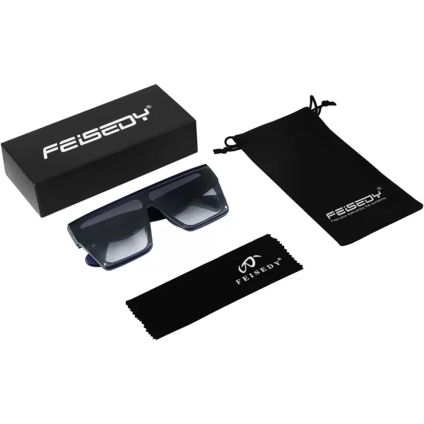 FEISEDY Square Oversized Sunglasses Women Men Trendy Thick Frame Flat Top Shield Rimless Shades B2798004 Transparent Blue FrameGray Gradient Lens