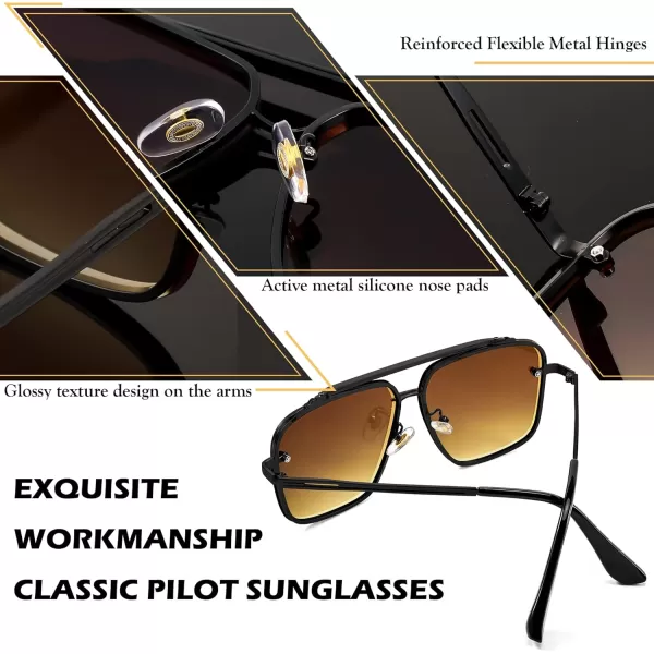 FEISEDY Sunglasses Fashion Square Pilot Sunglasses Vintage Metal Gradient Glasses for Men and Women B4104Black FrameGradient Brown Lens