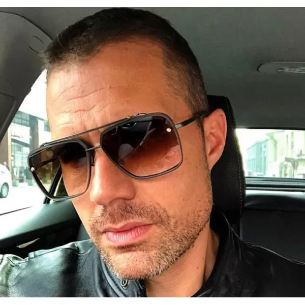FEISEDY Sunglasses Fashion Square Pilot Sunglasses Vintage Metal Gradient Glasses for Men and Women B4104Black FrameGradient Brown Lens