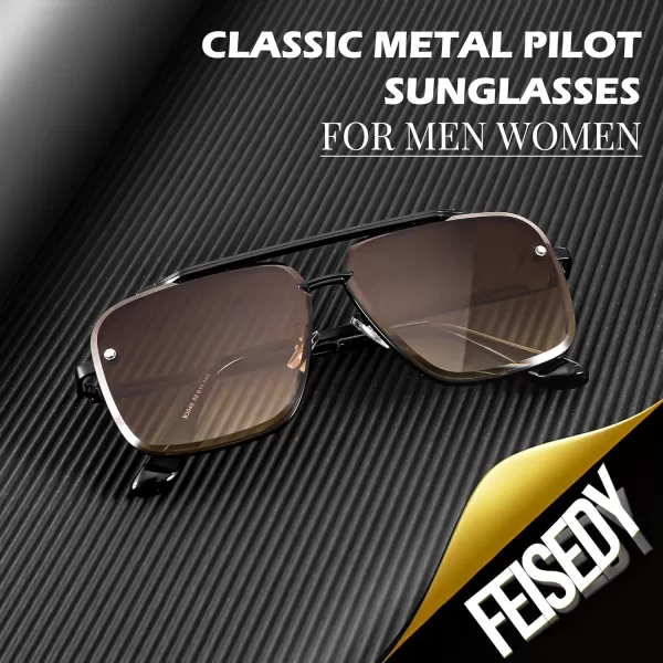 FEISEDY Sunglasses Fashion Square Pilot Sunglasses Vintage Metal Gradient Glasses for Men and Women B4104Black FrameGradient Brown Lens