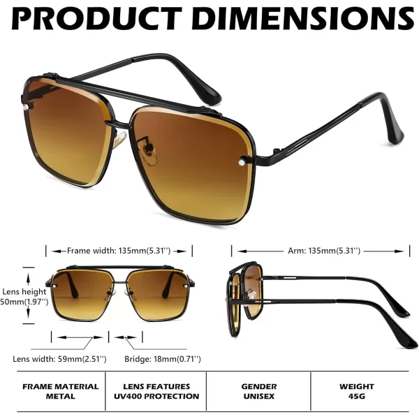 FEISEDY Sunglasses Fashion Square Pilot Sunglasses Vintage Metal Gradient Glasses for Men and Women B4104Black FrameGradient Brown Lens