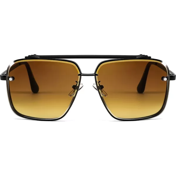 FEISEDY Sunglasses Fashion Square Pilot Sunglasses Vintage Metal Gradient Glasses for Men and Women B4104Black FrameGradient Brown Lens