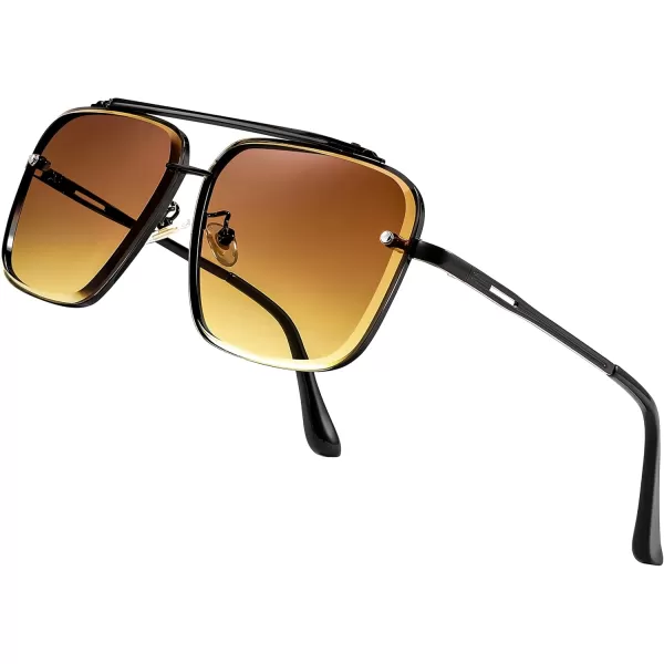 FEISEDY Sunglasses Fashion Square Pilot Sunglasses Vintage Metal Gradient Glasses for Men and Women B4104Black FrameGradient Brown Lens