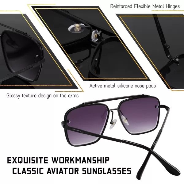 FEISEDY Sunglasses Fashion Square Pilot Sunglasses Vintage Metal Gradient Glasses for Men and Women B4104Black FrameGradient Grey Lens