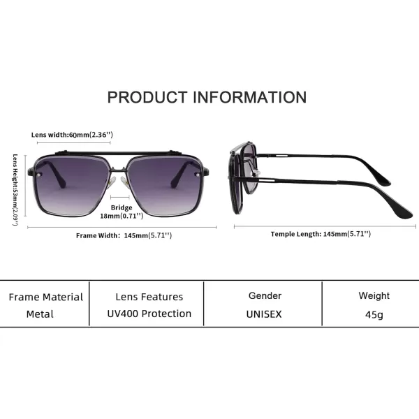 FEISEDY Sunglasses Fashion Square Pilot Sunglasses Vintage Metal Gradient Glasses for Men and Women B4104Black FrameGradient Grey Lens