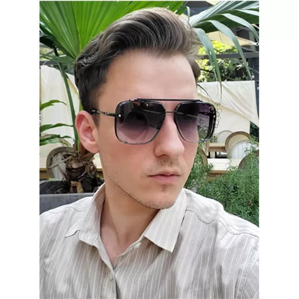 FEISEDY Sunglasses Fashion Square Pilot Sunglasses Vintage Metal Gradient Glasses for Men and Women B4104Black FrameGradient Grey Lens
