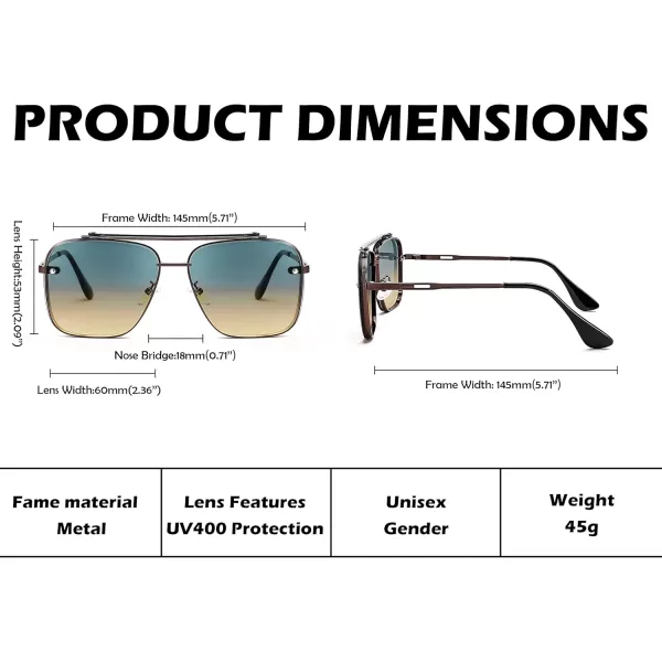 FEISEDY Sunglasses Fashion Square Pilot Sunglasses Vintage Metal Gradient Glasses for Men and Women B4104Bronze FrameBlue Yellow Lens