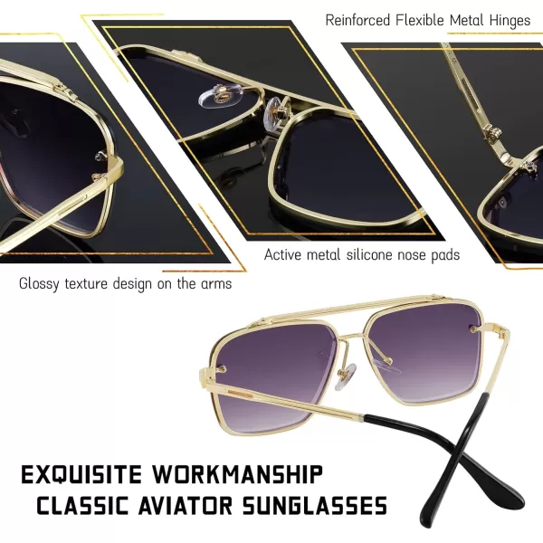 FEISEDY Sunglasses Fashion Square Pilot Sunglasses Vintage Metal Gradient Glasses for Men and Women B4104Gold FrameGradient Grey Lens