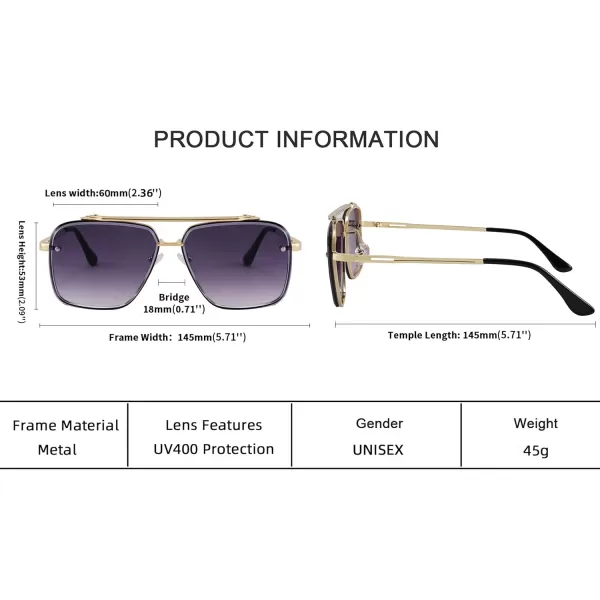 FEISEDY Sunglasses Fashion Square Pilot Sunglasses Vintage Metal Gradient Glasses for Men and Women B4104Gold FrameGradient Grey Lens