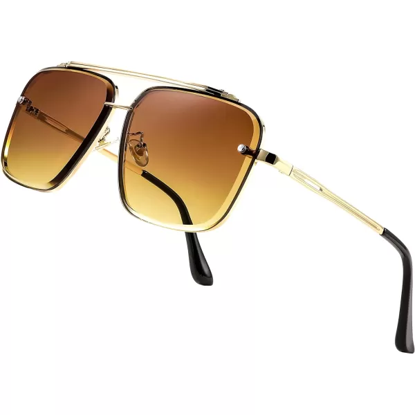 FEISEDY Sunglasses Fashion Square Pilot Sunglasses Vintage Metal Gradient Glasses for Men and Women B4104Gold FrameGradient Tea Lens