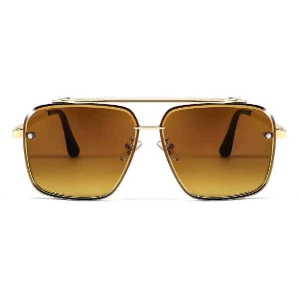 FEISEDY Sunglasses Fashion Square Pilot Sunglasses Vintage Metal Gradient Glasses for Men and Women B4104Gold FrameGradient Tea Lens