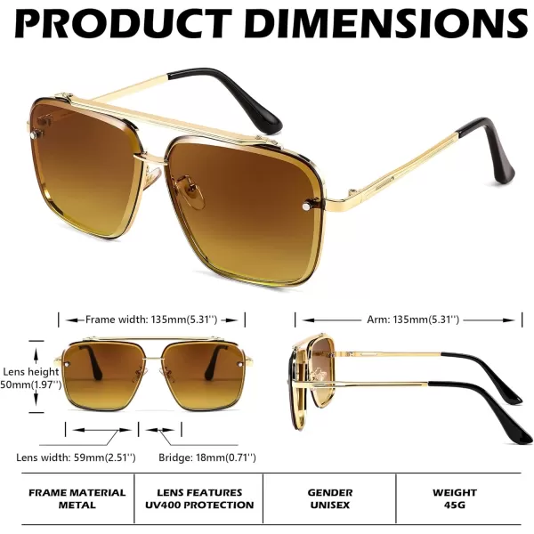 FEISEDY Sunglasses Fashion Square Pilot Sunglasses Vintage Metal Gradient Glasses for Men and Women B4104Gold FrameGradient Tea Lens