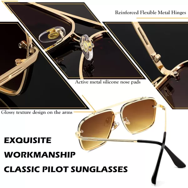 FEISEDY Sunglasses Fashion Square Pilot Sunglasses Vintage Metal Gradient Glasses for Men and Women B4104Gold FrameGradient Tea Lens