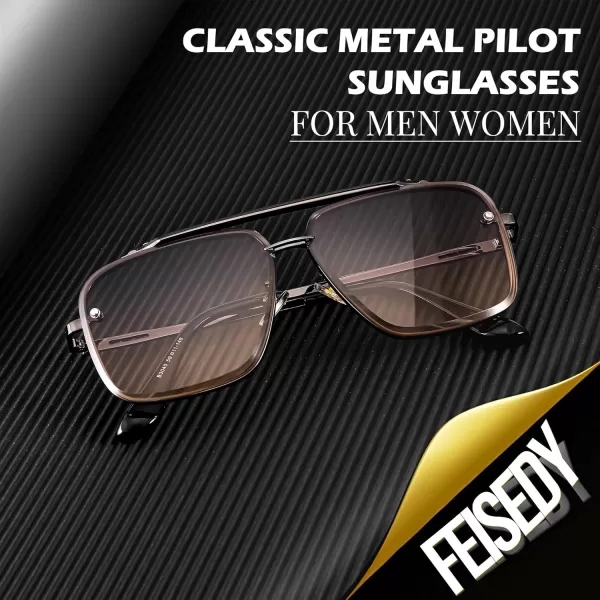 FEISEDY Sunglasses Fashion Square Pilot Sunglasses Vintage Metal Gradient Glasses for Men and Women B4104Gun BlackframeBlue Yellow Lens