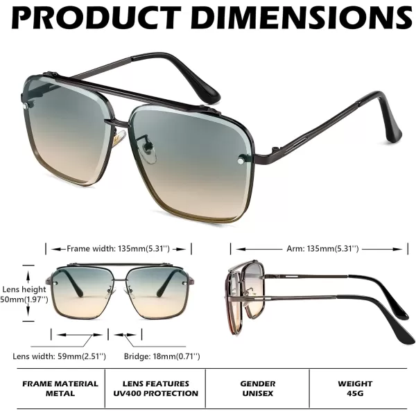 FEISEDY Sunglasses Fashion Square Pilot Sunglasses Vintage Metal Gradient Glasses for Men and Women B4104Gun BlackframeBlue Yellow Lens