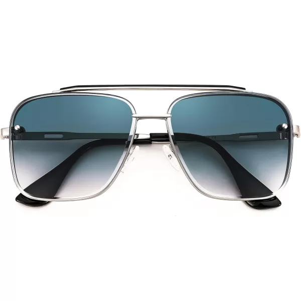 FEISEDY Sunglasses Fashion Square Pilot Sunglasses Vintage Metal Gradient Glasses for Men and Women B4104Sliver FrameBlue Lens