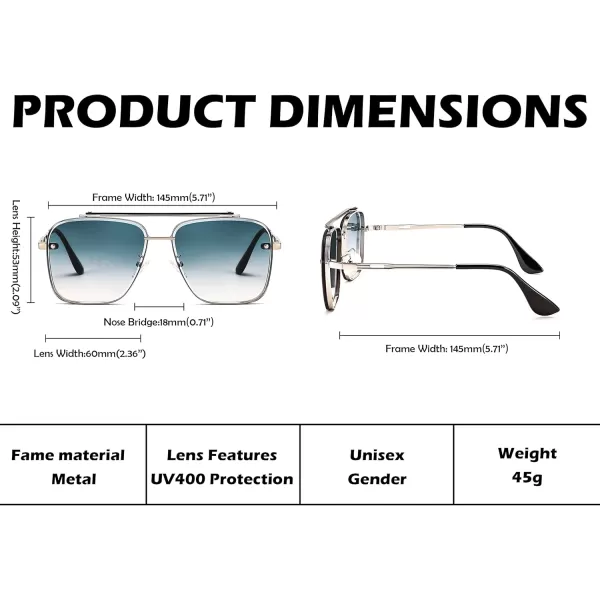 FEISEDY Sunglasses Fashion Square Pilot Sunglasses Vintage Metal Gradient Glasses for Men and Women B4104Sliver FrameBlue Lens
