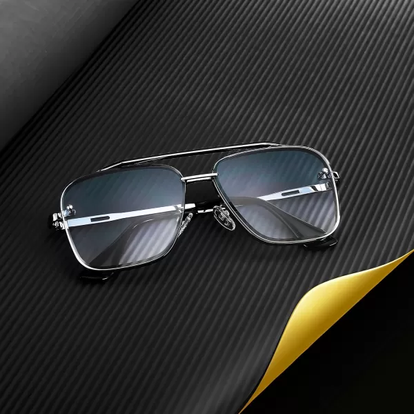 FEISEDY Sunglasses Fashion Square Pilot Sunglasses Vintage Metal Gradient Glasses for Men and Women B4104Sliver FrameBlue Lens