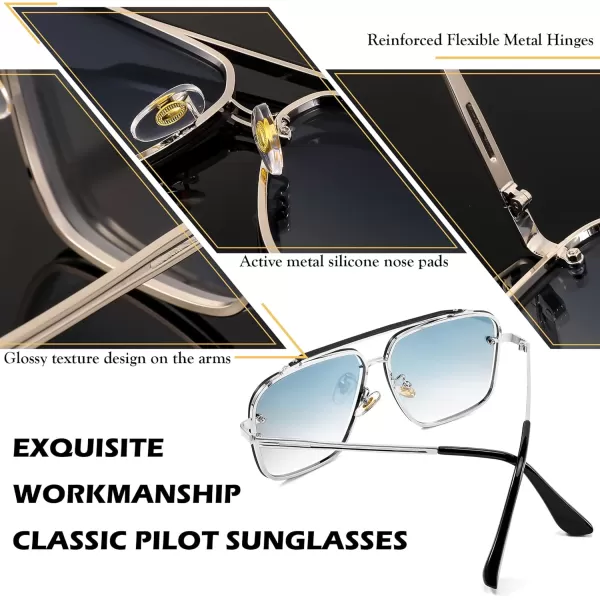 FEISEDY Sunglasses Fashion Square Pilot Sunglasses Vintage Metal Gradient Glasses for Men and Women B4104Sliver FrameGradient Blue Lens