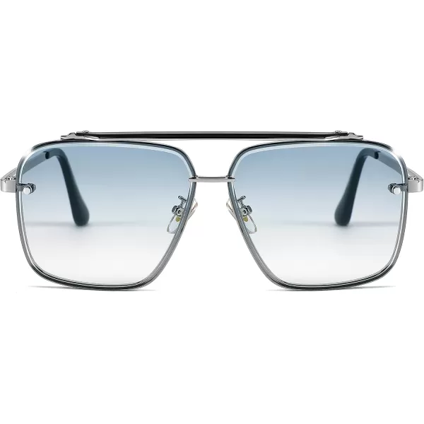 FEISEDY Sunglasses Fashion Square Pilot Sunglasses Vintage Metal Gradient Glasses for Men and Women B4104Sliver FrameGradient Blue Lens
