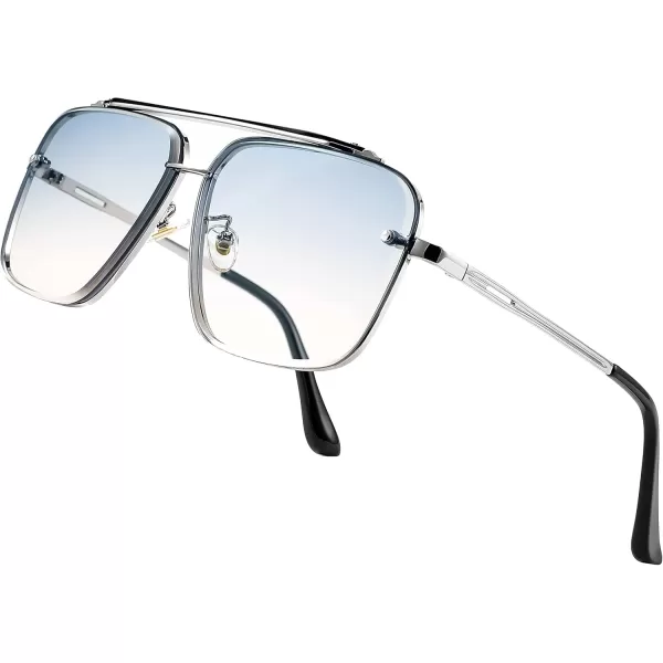 FEISEDY Sunglasses Fashion Square Pilot Sunglasses Vintage Metal Gradient Glasses for Men and Women B4104Sliver FrameGradient Blue Lens