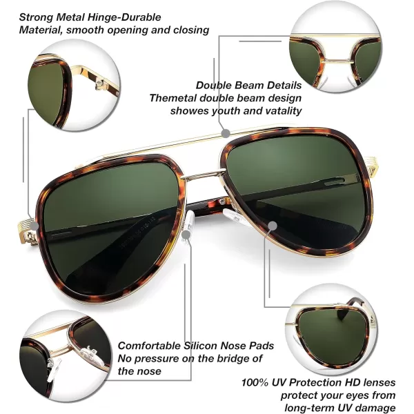 FEISEDY Sunglasses Men Aviator 70s Vintage Classic Square Frame UV400 Sun Glasses Driving Fishing Golf Hiking B0036Dark Green Lenses 04