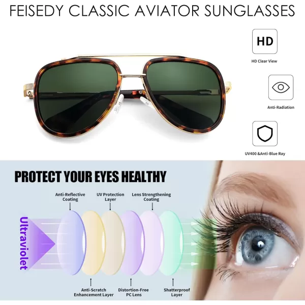 FEISEDY Sunglasses Men Aviator 70s Vintage Classic Square Frame UV400 Sun Glasses Driving Fishing Golf Hiking B0036Dark Green Lenses 04